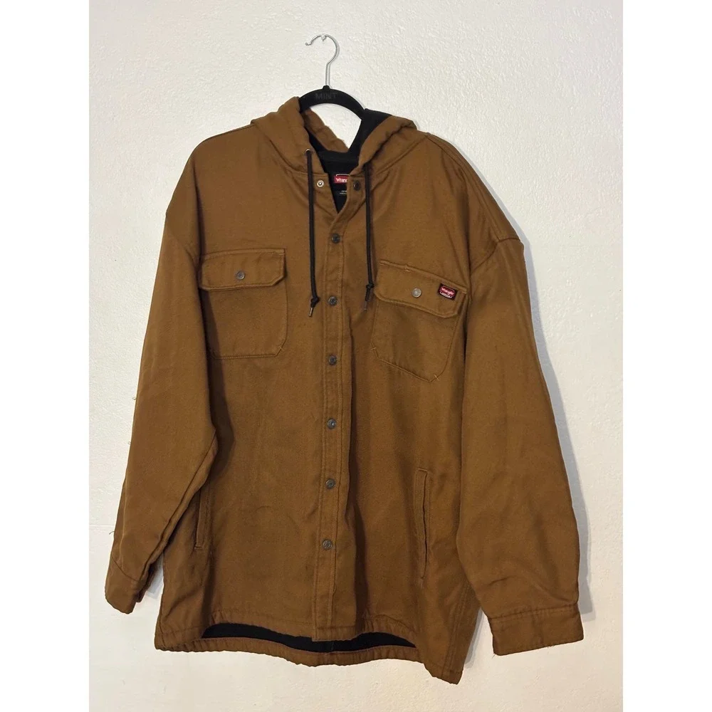 Wrangler Workwear Mens 3XL Brown Canvas Fleece Lined Hooded Shirt Jacket Shacket